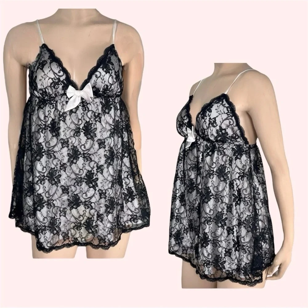 Victorias Secret Babydoll Black Lace & Satin Cami Nightie & Panty Lingerie Set - Picture 2 of 16